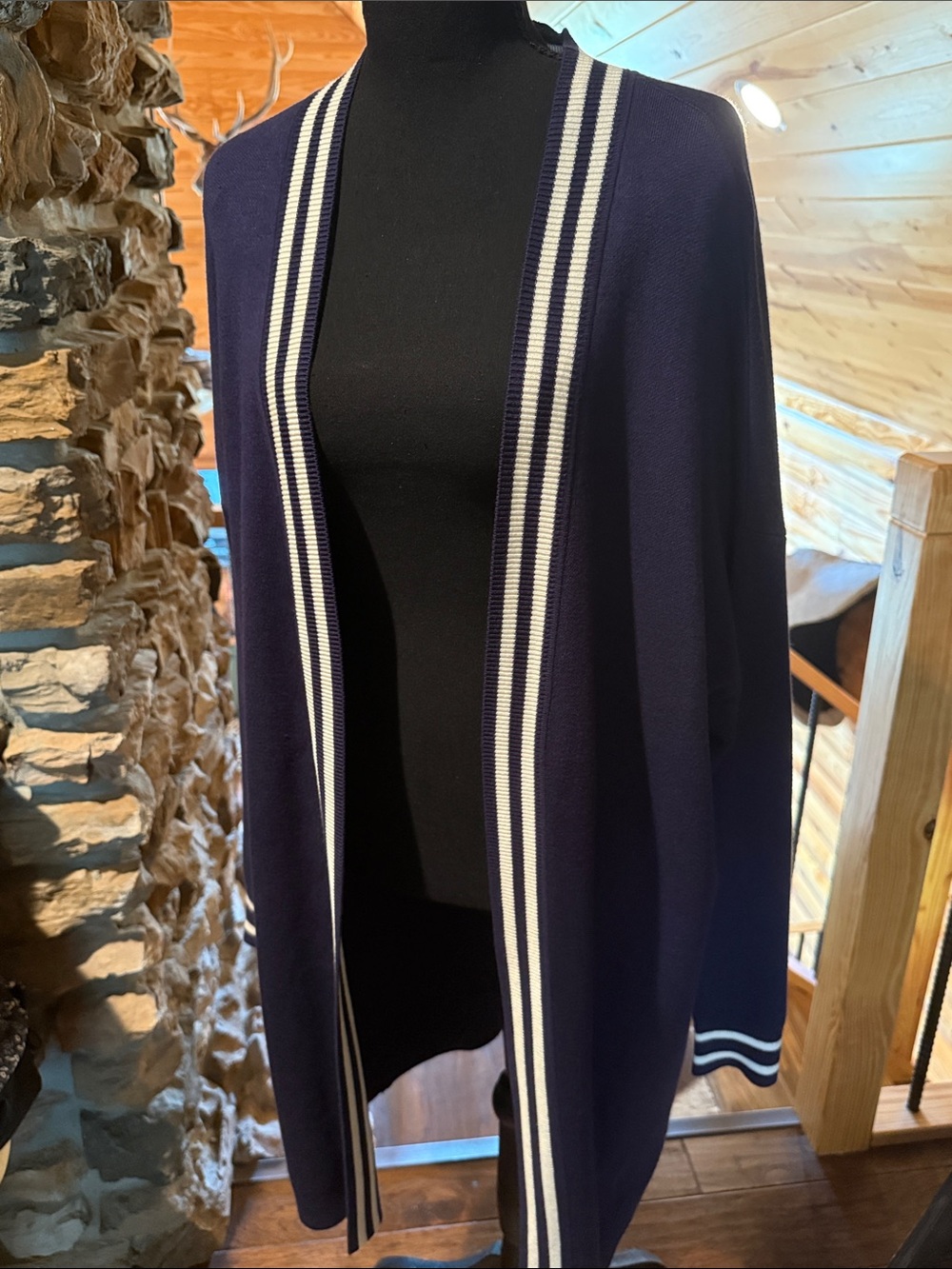 Truth Navy Open-Front Cardigan/ duster  with White Stripe Trim